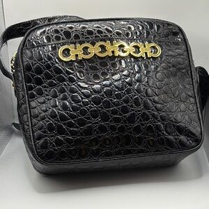 Salvatore Ferragamo Black Crocodile-Embossed Crossbody Bag with Gold Detail